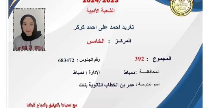 بعد إعلان نتيجة الثانوية العامة… محافظ دمياط يُهنئ الطالب إياد حسن الحاصل على المركز الثالث مكرر بالشعبة العلمية ” علوم” و الطالبة تغريد كركر الحاصلة على المركز الخامس بالشعبة الأدبية على مستوى الجمهورية