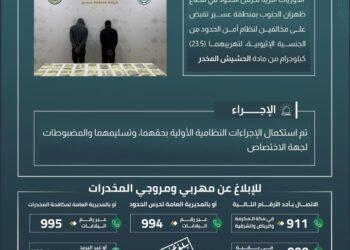 حرس الحدود يقبض على مخالفين لنظام أمن الحدود لتهريبهما (23.5) كيلوجرامًا من مادة الحشيش المخدر