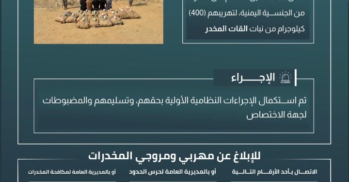 حرس الحدود بمنطقة  يقبض على (5) مخالفين لنظام أمن الحدود لتهريبهم (400) كيلوجرام من نبات القات المخدر