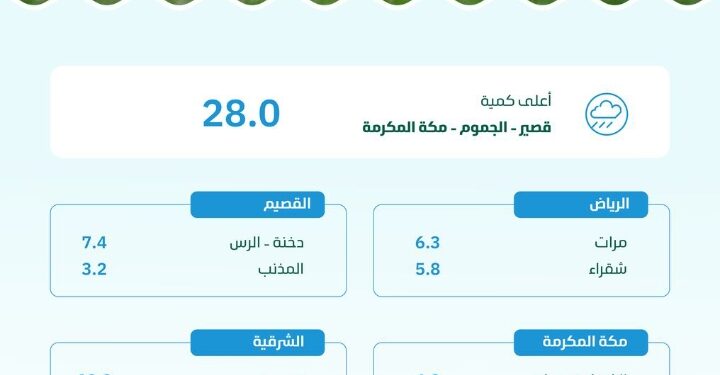 “البيئة”: مكة المكرمة تسجّل أعلى كمية لهطول الأمطار بـ (28.0) ملم في قصير بالجموم