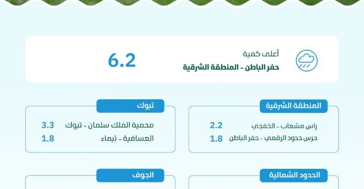 “البيئة”: ترصد هطول أمطار في (7) مناطق عبر (21) محطة والشرقية تسجل أعلى كمية بـ (6.2) ملم في حفر الباطن