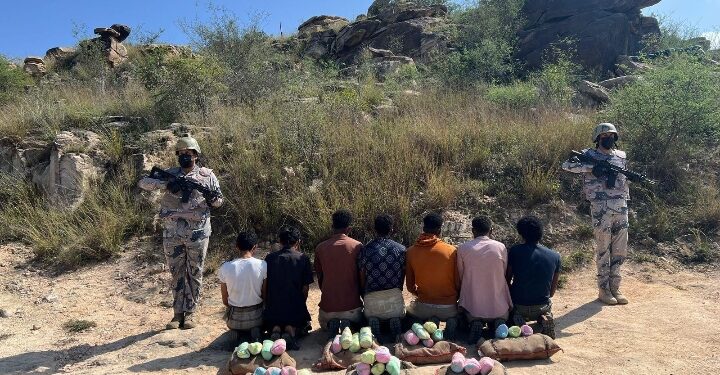 حرس الحدود بمنطقة جازان يقبض على (7) مخالفين لنظام أمن الحدود لتهريبهم (105) كيلوجرامات من نبات القات المخدر