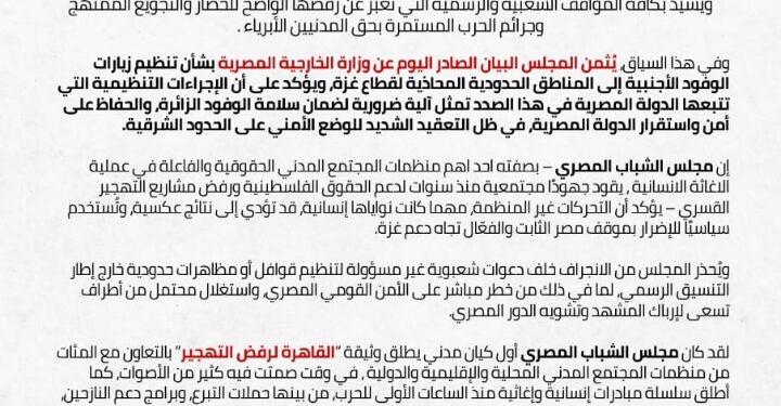 مجلس الشباب المصري يُرحب بإعلان ضوابط زيارة الحدود مع غزة: التضامن لا يُلغي الالتزام بالقانون… وندعو الشباب للوعي بخطورة التحركات غير المنظمة